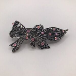 Vintage Metal Silver Tone Bow Barrette With Pink Gems
